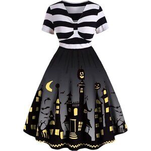 🆕Women Black Halloween Dress Pumpkin Costume Flared Vintage Print Line Dress